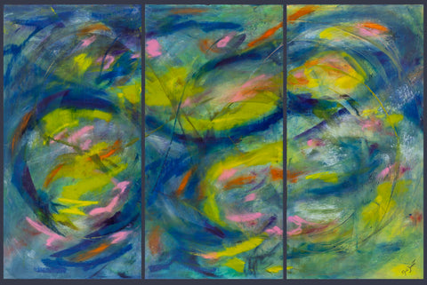 "Around And Around And Around Blue Goes" (3 panels) by Jane Zamost