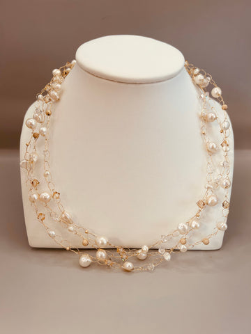 Crocheted wire necklace with freshwater pearls and crystals