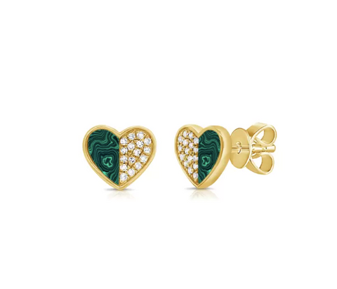 14k Yellow Gold Hearts with Malachite and Diamond Earrings
