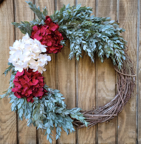 Custom Red Hydrangea and Ruscus Bush Wreath